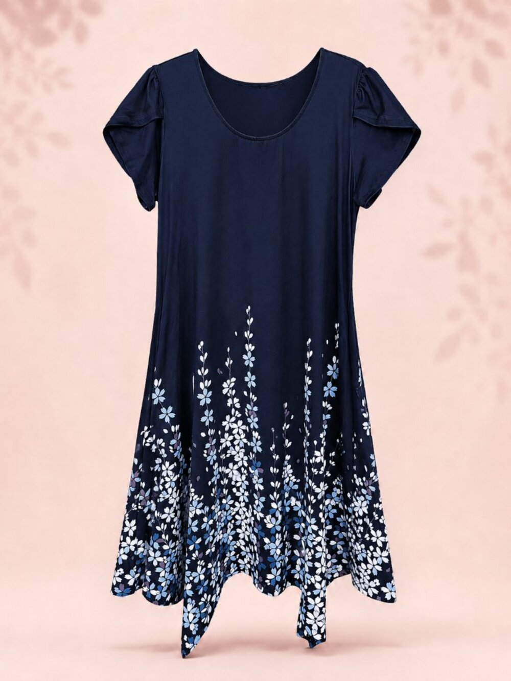NWOT Zeagoo Navy Blue Floral Border Print Handkerchief-Hem Casual Dress - L